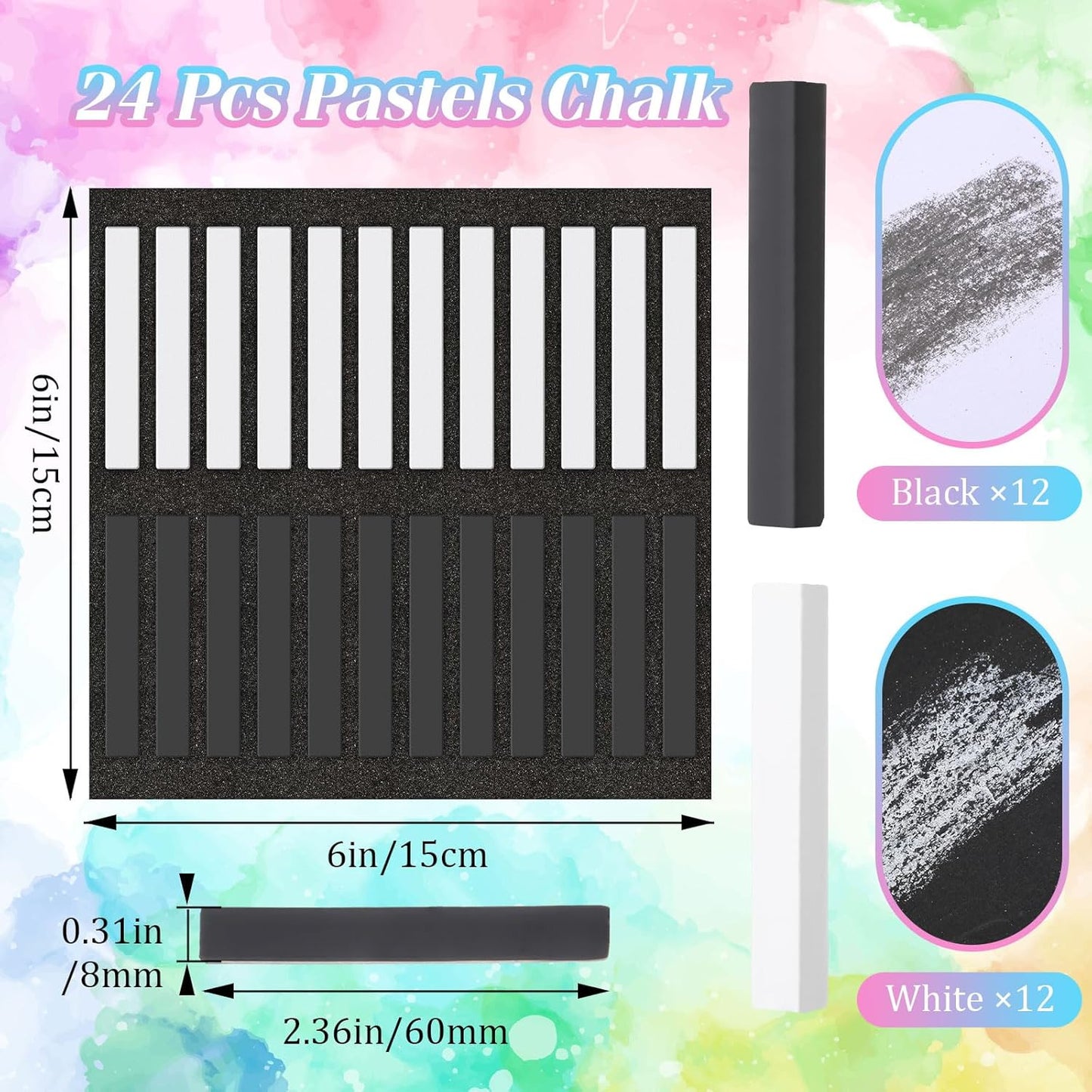 24 Pcs Soft Pastel Drawing Chalk Set Square Sketch Chalk Non-toxic Artist Pastel Sticks for Professional Artists Students and Art Lovers(Black, White)