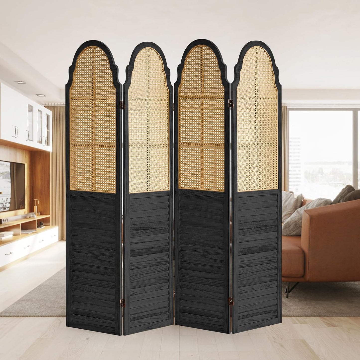 4 Panel Rattan Folding Screen Room Divider, Privacy Dividers for Rooms, Louvered Partition Dividers, Room Divider Panel for Bedroom, Dressing Room, Balcony, Black