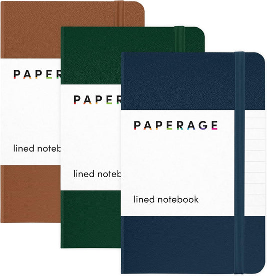 PAPERAGE Lined Pocket Journal Notebook, 3 Pack, (Dark Green, Cognac, Navy), 160 Pages, Small, 3.6 inches x 5.6 inches - 100 gsm Thick Paper, Hardcover