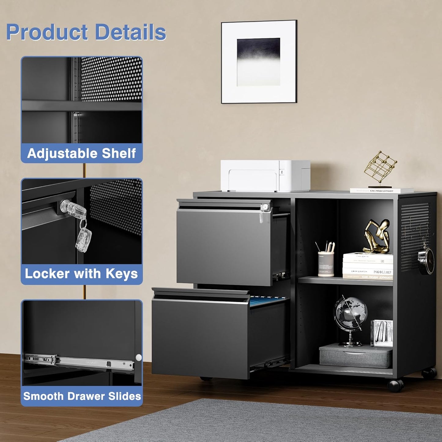 Mobile Lateral File Cabinet,2 Drawer Filing Cabinet with Lock fits A4/F4 or Letter Size for Home Office,Metal Rolling Printer Stand with Open Storage Adjustable Shelves(Black)