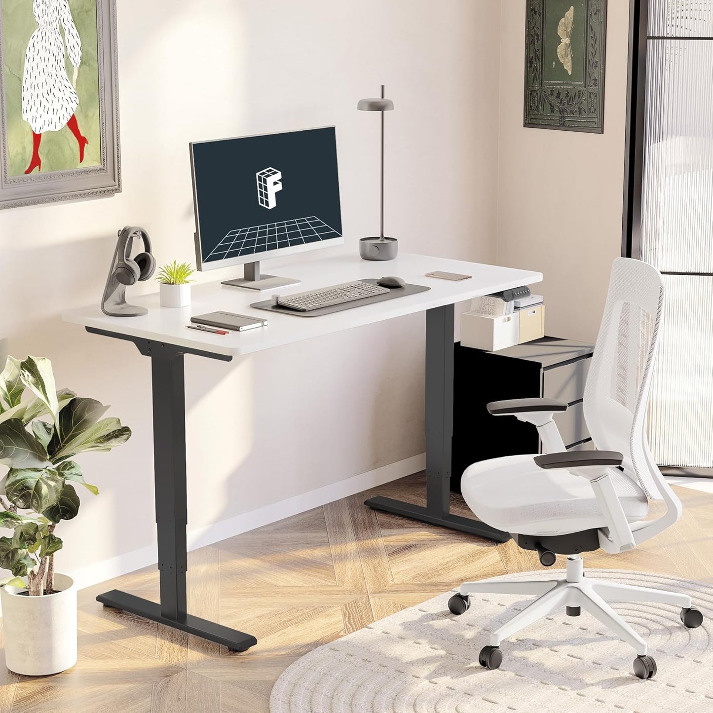 FLEXISPOT E6 Essential 3 Stages Dual Motor Electric Standing Desk 55x28 Inch Whole-Piece Board Height Adjustable Electric Sit Stand Desk(Black Frame + White Desktop, 2 Packages)
