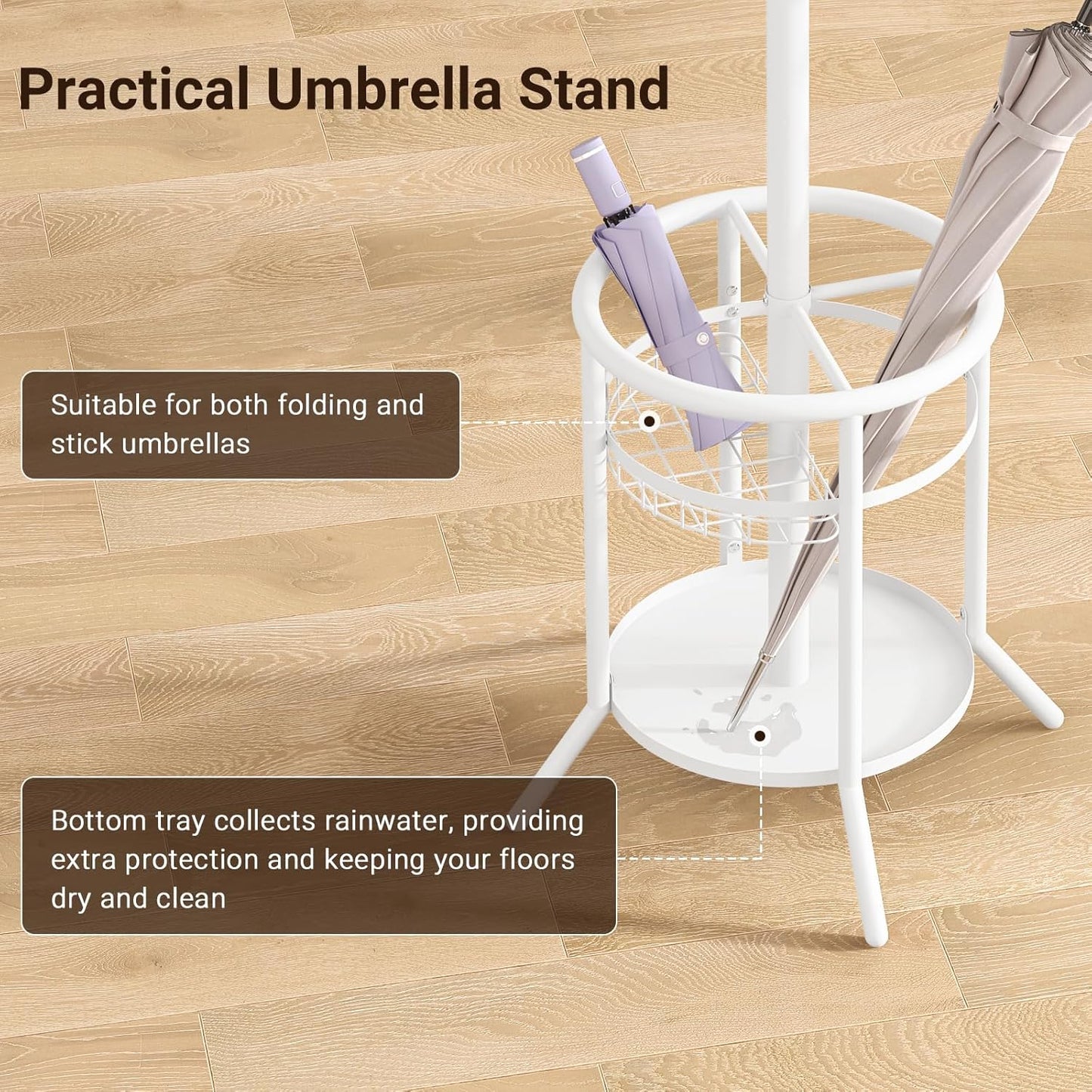 ELYKEN Coat Rack Freestanding, Metal Coat Rack Stand with Umbrella Holder, Modern Coat Tree with 12 Hooks, Floor Standing Corner Hall Tree for Entryway Living Room Bedroom Office, White