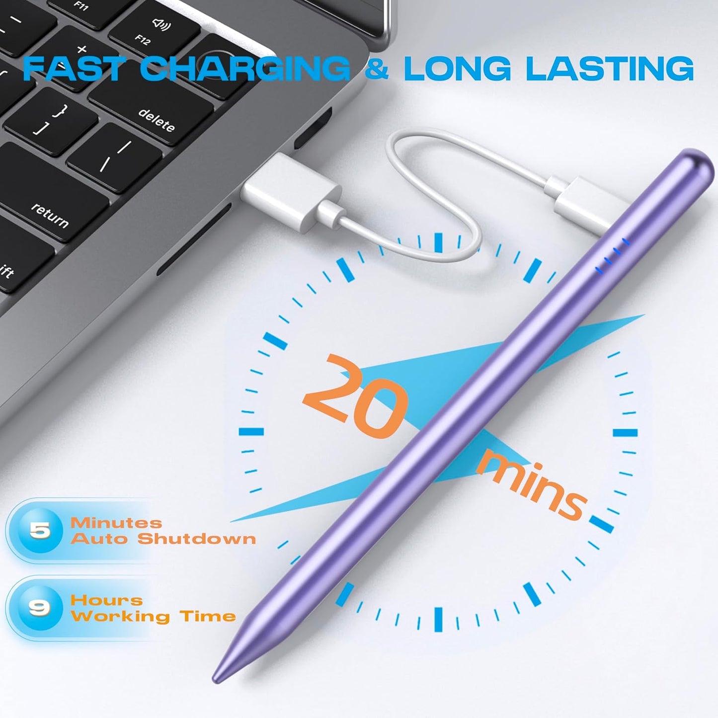 Stylus Pen for iPad 2018-2025, 20Mins Fast Charge for Apple Pencil with Tilt & Palm Rejection, Active Pens Compatible with iPad 6th-10th/A16, Pro 13" 12.9"/11”M4, Air 3/4/5/M2/M3, Mini 5/6 -Purple