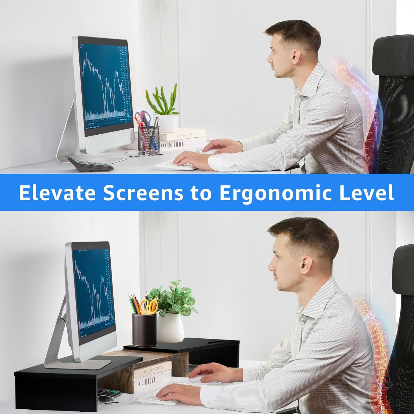 Dual Monitor Stand Riser for 2 Monitors, Monitor Stand for Desk, Adjustable Length Swivel Angle Wooden Desktop Organizer Stand Riser with Smartphone Holder for PC Monitor, Rustic Brown