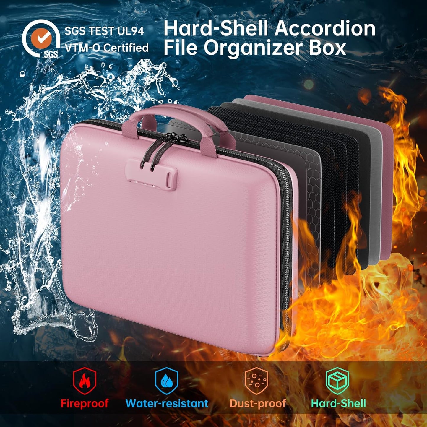 DocSafe Fireproof File Organizer with Lock, Hard-Shell Case Fireproof Document Box with 13 Pocket Accordion File Folder, Portable Home Office Travel Safe Storage for Important Documents Laptop Pink