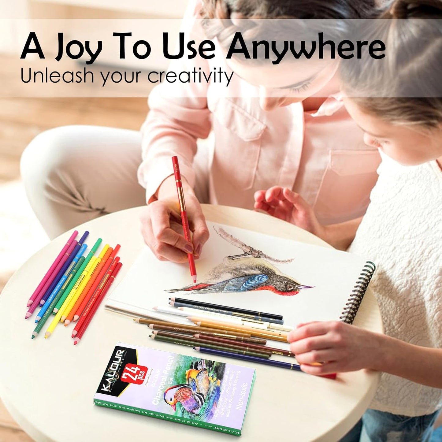 KALOUR PDAS 24 Premium Colored Charcoal Pencils Drawing Set, Quality Pastel Chalk Pencils, Skin Tone Colored, for Coloring, Sketching, Drawing, Layering & Blending for Beginners & Artists