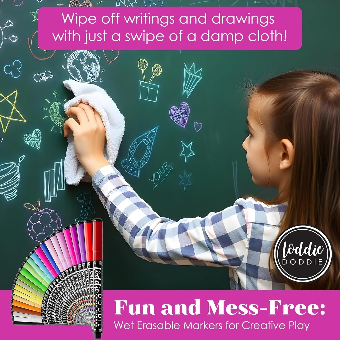 Loddie Doddie Liquid Chalk Markers - Pack of 24 Dust Free, 1mm Fine Tip, Erasable Ink for Blackboard, Windows and Glass - Chalkboard Markers