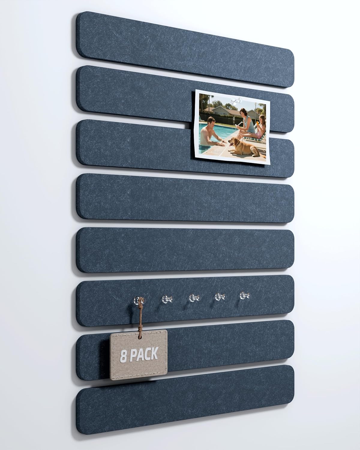 Cork Board Alternative Felt Strip Board 8-Pack 13"x2", Office Pin Board with 50 Push Pins, Adhesive Install for Bedroom Door & Home Office(Denim Blue)