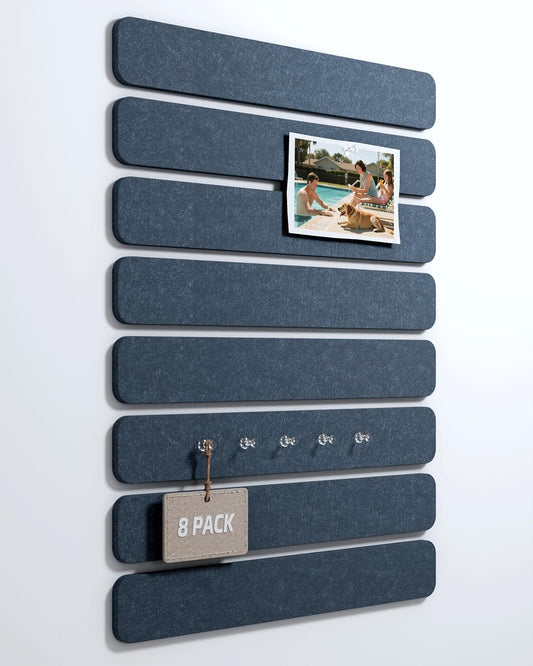 Cork Board Alternative Felt Strip Board 8-Pack 13"x2", Office Pin Board with 50 Push Pins, Adhesive Install for Bedroom Door & Home Office(Denim Blue)