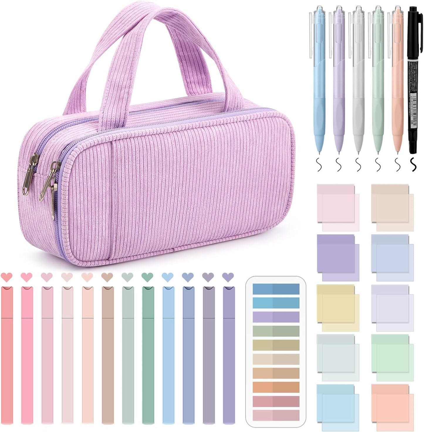 Jutom 39 Pcs Aesthetic Book Annotation Kit Highlighter with Pencil Case Bag Gel Pen Transparent Sticky Note Taking Bible Study College School Supplies(Light Purple,Classic Style)