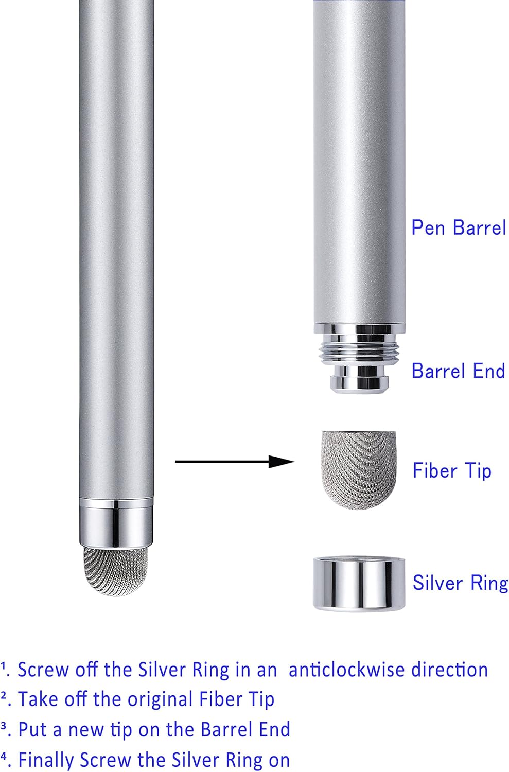 Stylus Pens, CCIVV 4 Pcs 5.6 Inches Mesh Tip Stylus for Touch Screens, iPad, iPhone, Kindle Fire, 4 Extra Replaceable Hybrid Fiber Tips (White, Black, Silver, Blue)