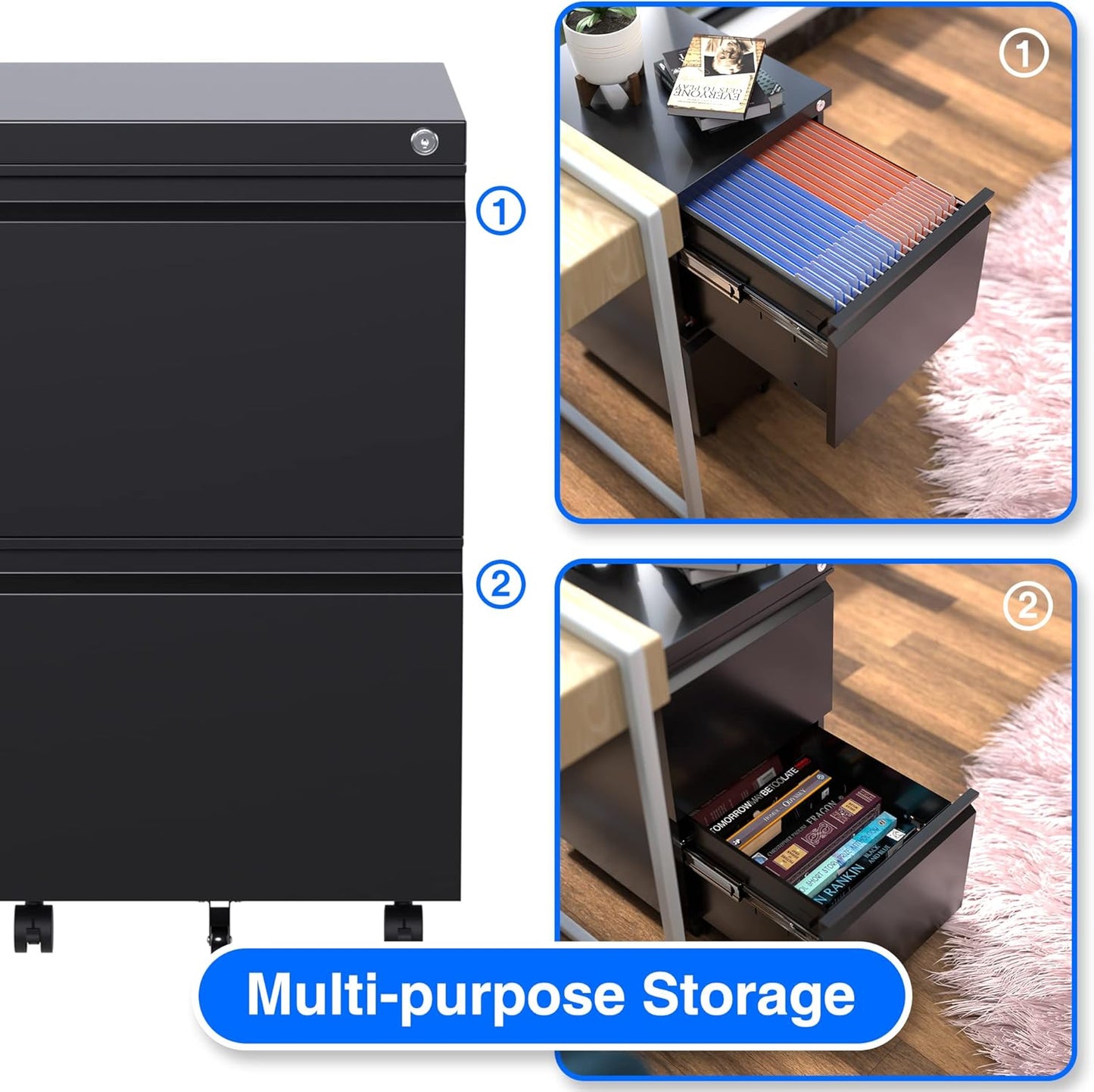 METAN 2 Drawer Vertical File Cabinet with Lock, Mobile Metal Filing Cabinet for Legal/Letter Size, Office Storage File Cabinet Under Desk, Fully Assembled Except Wheels, Black