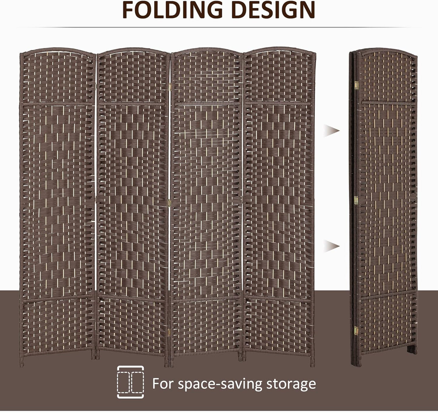 HOMCOM 4 Panel Room Divider, 6' Tall Folding Privacy Screen, Hand-Woven Freestanding Wall Partition for Home Office, Bedroom, Brown