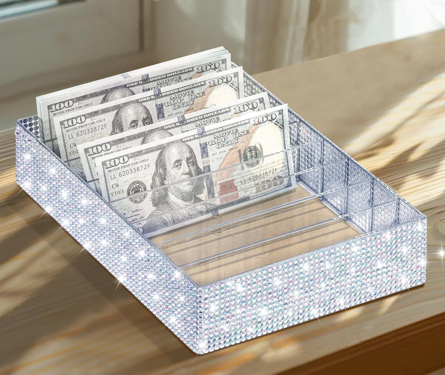 XUWAIDSGN Large Acrylic Diamond Money Organizer 8 Section Clear Money Budget Tray Organizer Plastic Divider Bill Storage Holder for Cash Envelope