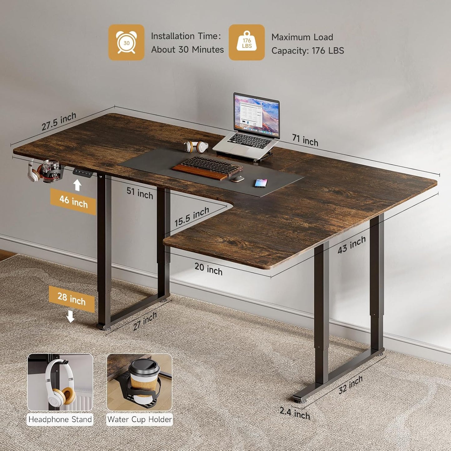 L Shaped Standing Desk, 71x43 Inches Electric L Stand Up Desk with 4 Legs, Dual Motor and Memory Controller, Adjustable Height from 28-46 Inches for Home and Computer Workstation, Rustic Brown