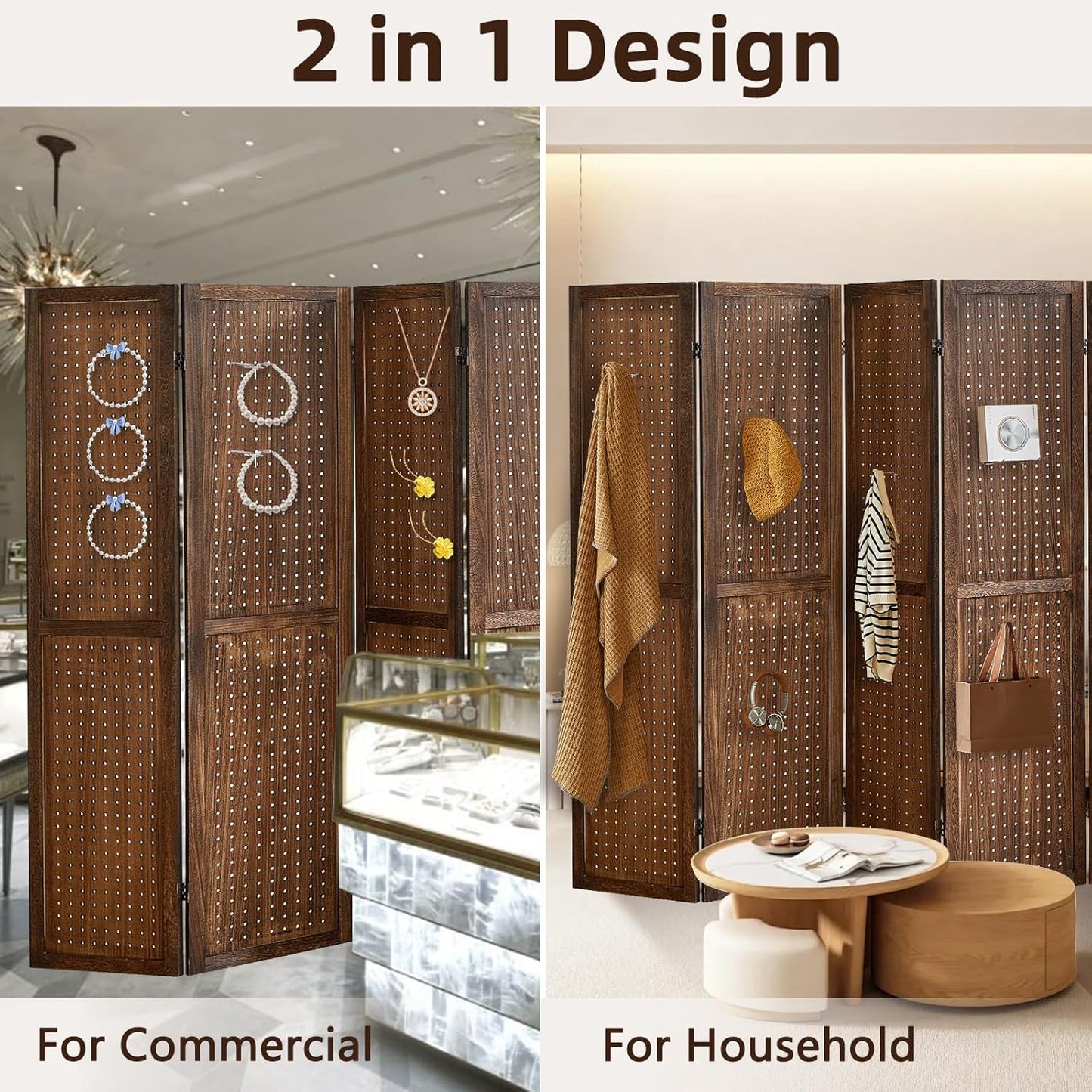 4 Panel Pegboard Display with 16 Hooks, Wooden Room Divider Wall and Folding Privacy Screens, Privacy Dividers for Rooms, Pegboard Room Divider, Jewelry Store, Bedroom, Balcony, Dark Brown