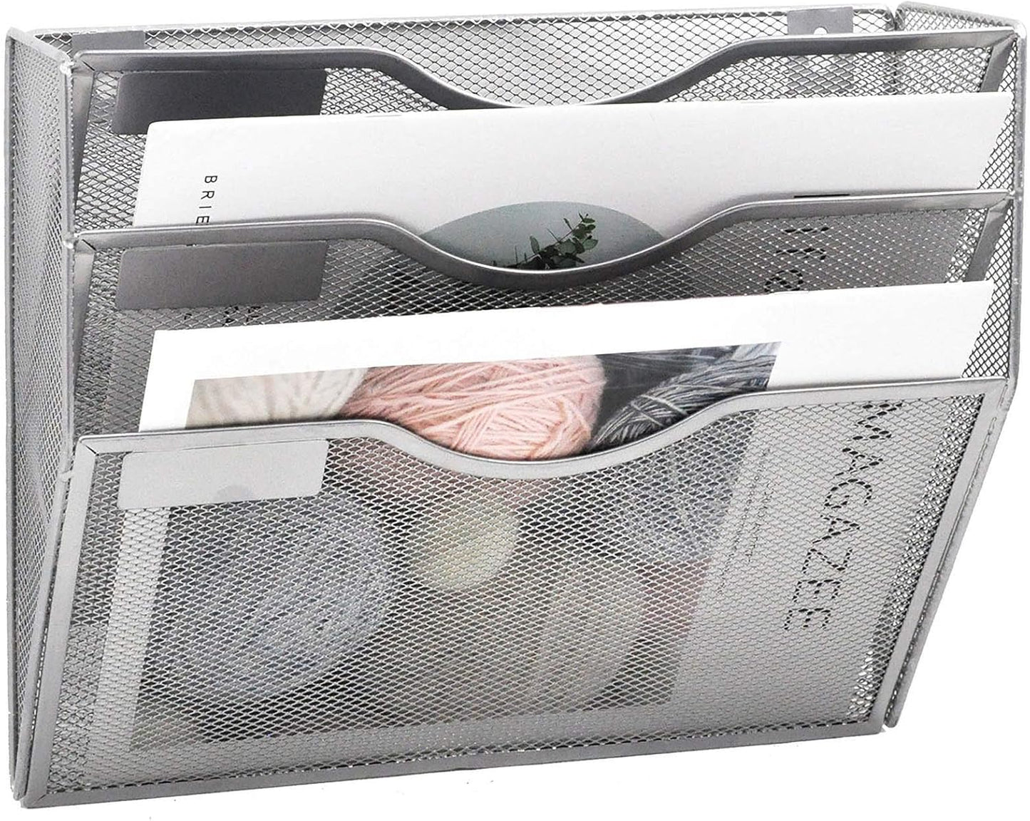 EASEPRES 3 Pocket Mesh Hanging Wall File Organizer, Wall Mounted Mail Paper Document Folder Holder, Clipboard Storage Organization Magazine Rack with Nametag Label for Office Home School, Silver
