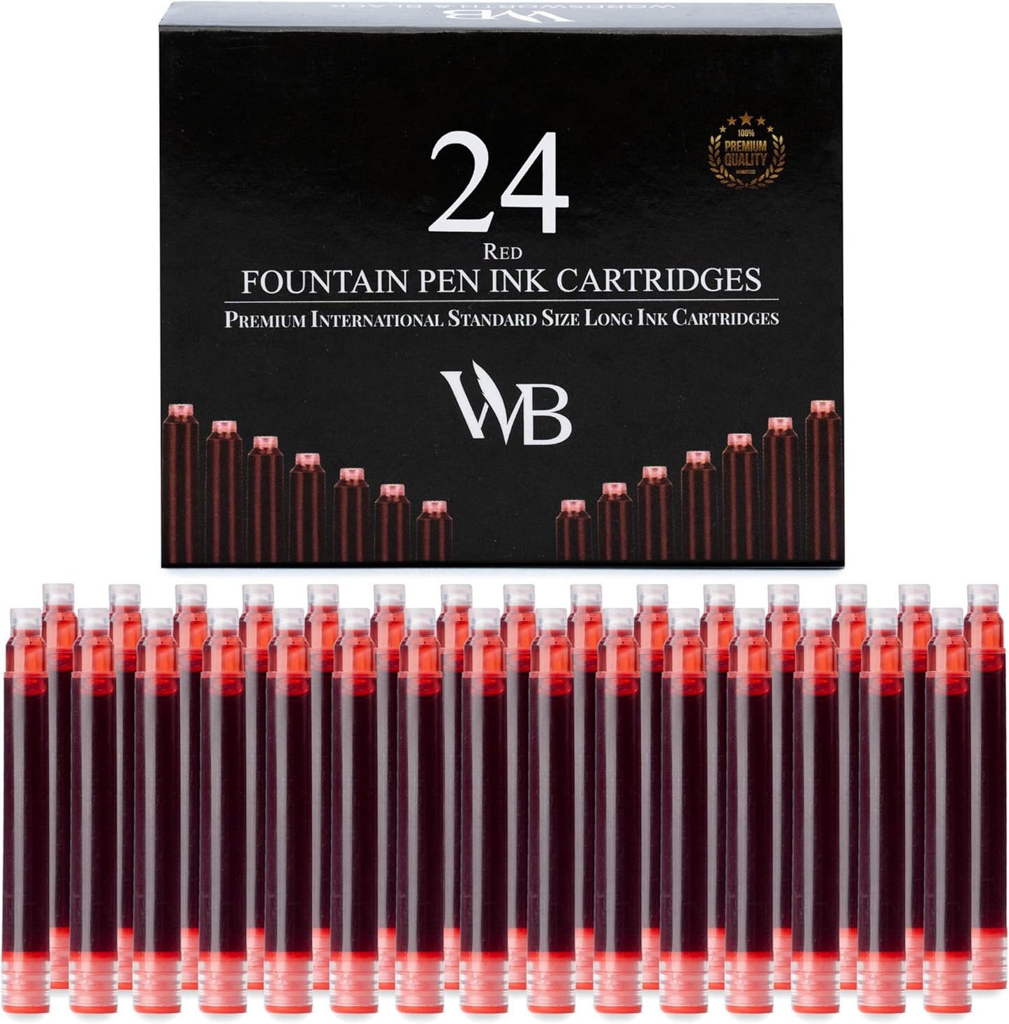 Wordsworth & Black 24 Pack Fountain Pen Ink Refills - Set of 24 Red Ink Cartridges - International Standard Size - Length APPR 2.3" - Base Diameter APPR 0.24" - Disposable and Generic