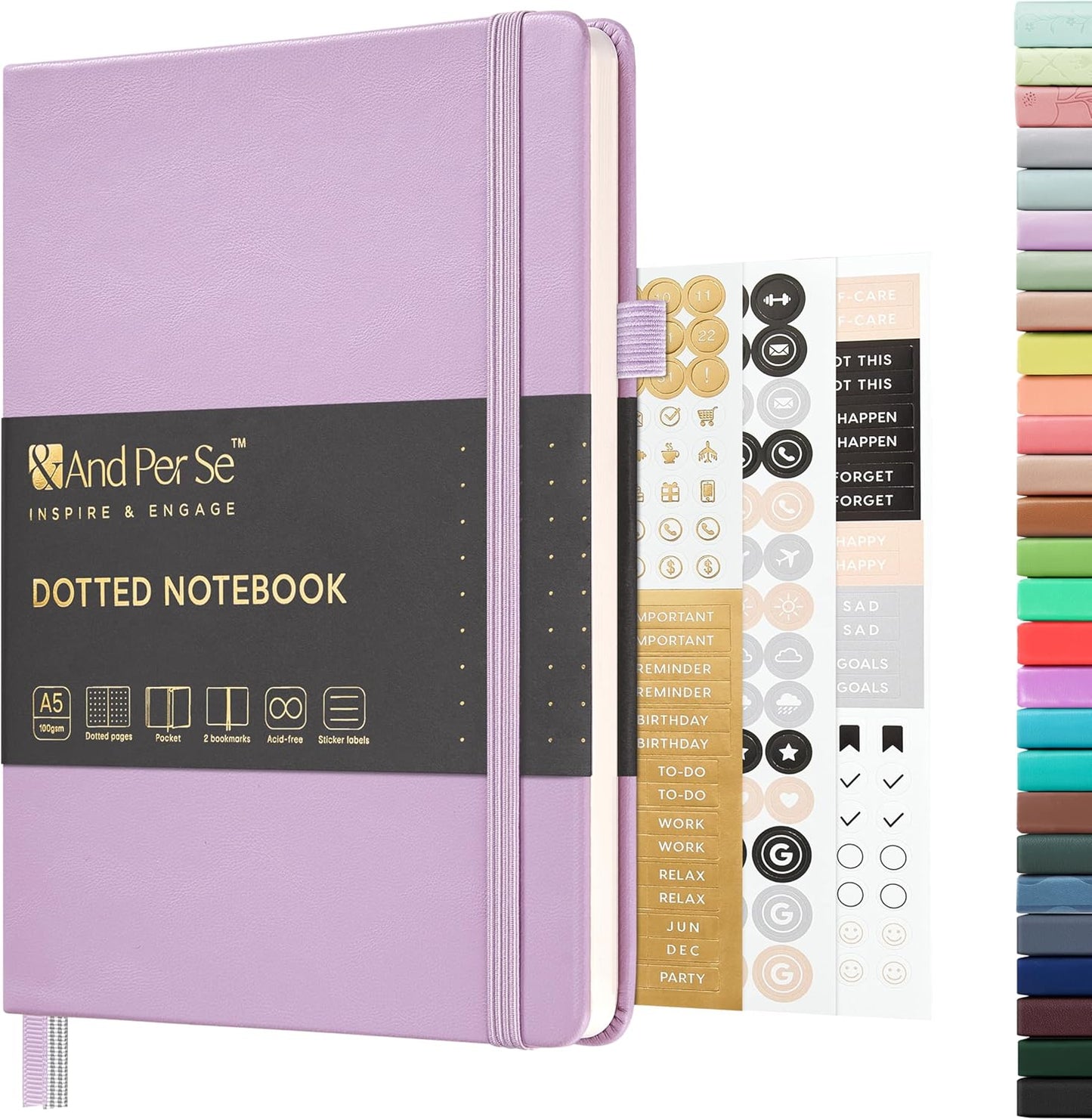 &And Per Se Dotted Journal Notebook, A5 Hardcover Leather Bullet Dotted Journal, 160 Pages 100 gsm Thick Dotted Paper，3 Sheets of Stickers Included - 5.7'' x 8'' (Light lavender)