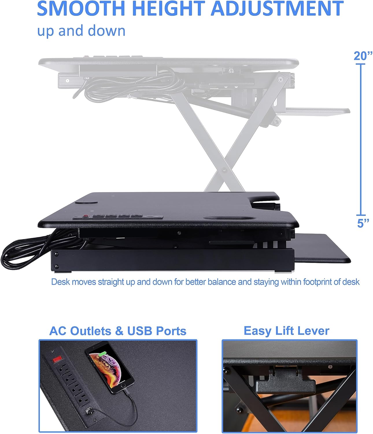 Rocelco 46" Standing Desk Converter with AC USB Charger and Dual Monitor Stand - Height Adjustable Three Screen Riser Computer Workstation - Sliding Keyboard Tray - Black (R DADRB-46-ACUSB-DM3)