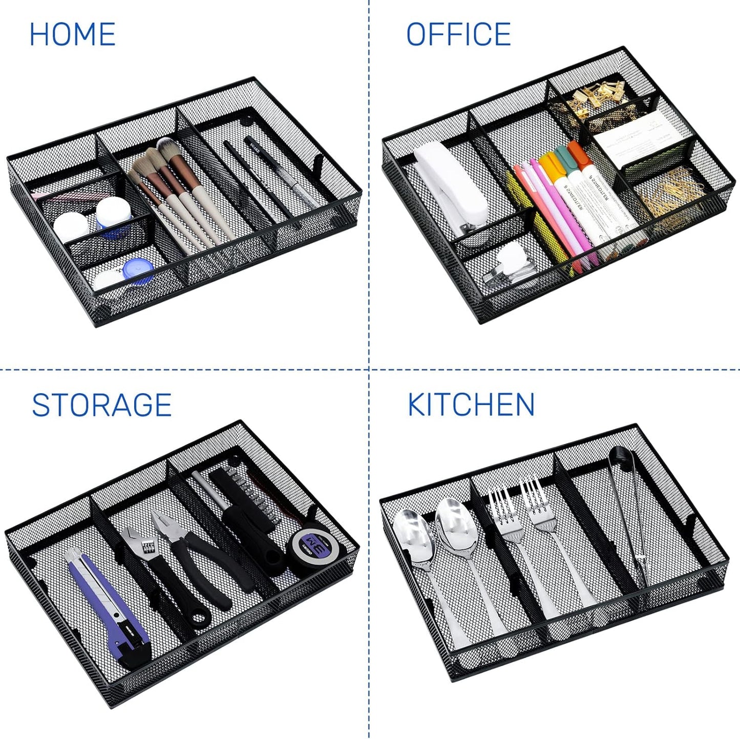 Neudeco Desk Drawer Organizer with 6 Adjustable Dividers, Metal Pen organizer for desk drawer,Mesh Office Desk Drawer Organizer Tray for office supplies (Pack 4, Black)