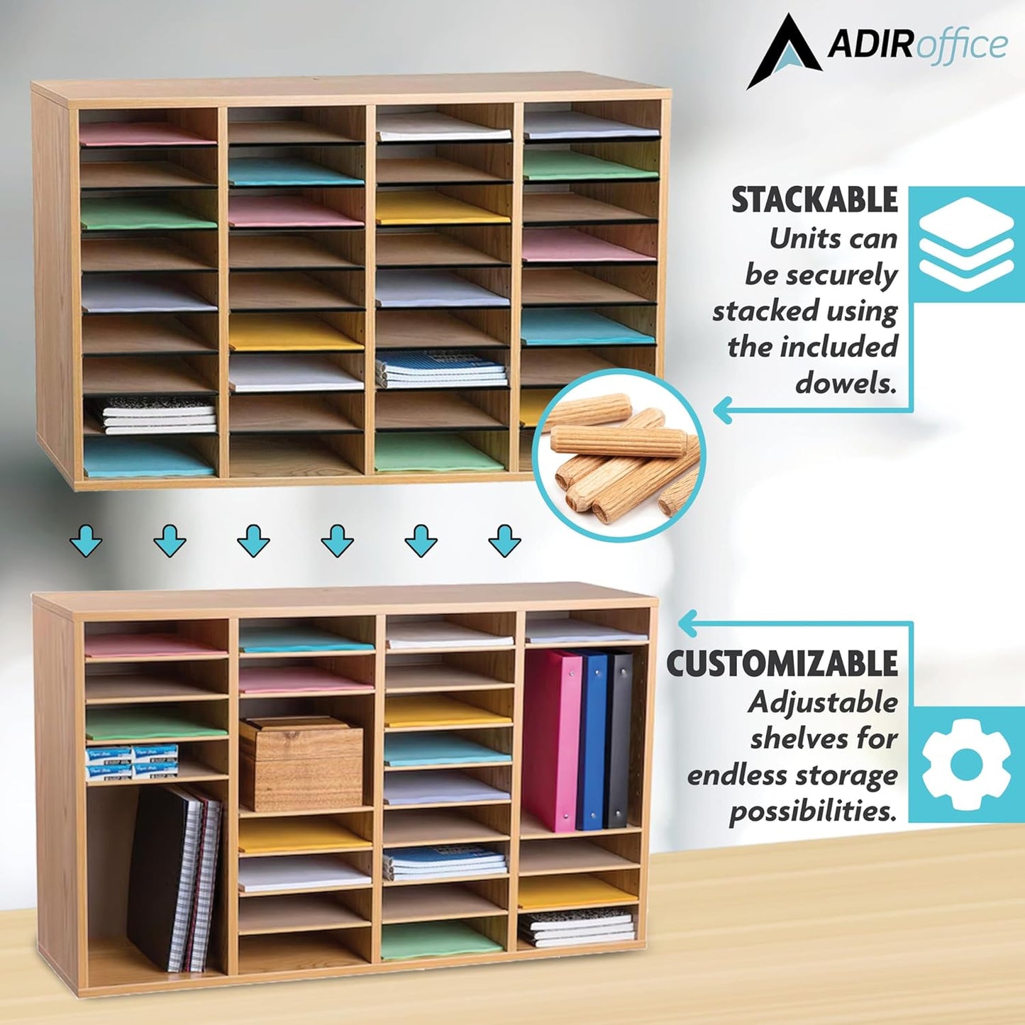 AdirOffice Wooden Adjustable Literature Organizer, 36 Compartment Office Mailbox, or Classroom Literature Organizer, Medium Oak