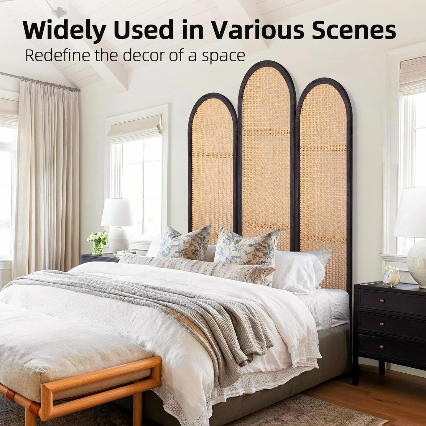 Hand-Woven Rattan Room Divider 3 Panels, 5.9 Ft Tall Wood Room Divider Panel, Partition Screen Divider Wall, Folding Privacy Screen, Wall Divider for Room Separation Home Office - Black