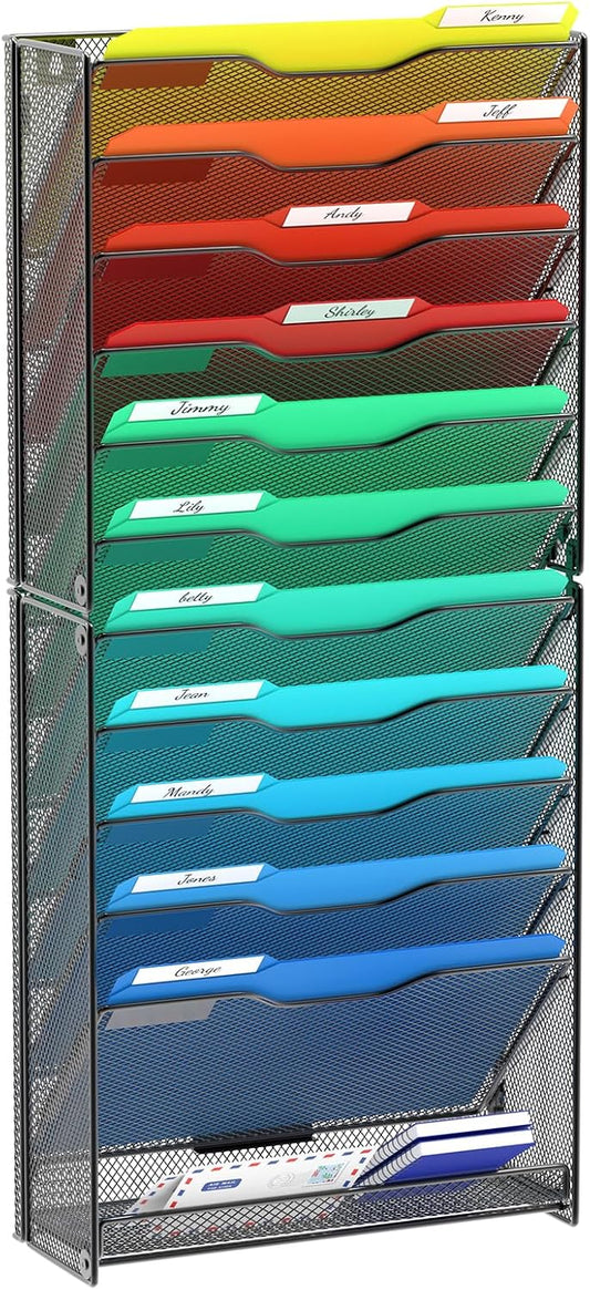 samstar 12 Tier Wall File Organizer, Hanging Wall Mount File Holder Paper Folder Mail Organizer, Mesh Metal, Black.