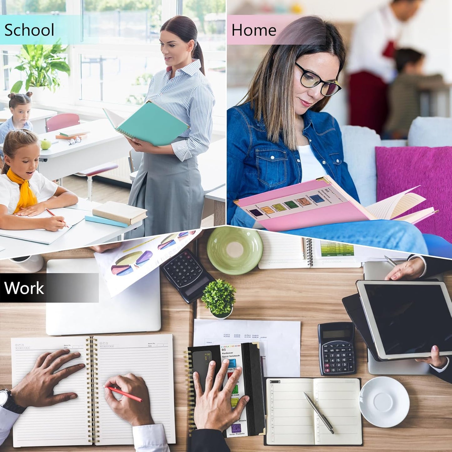 HAUTOCO Spiral Notebook College Ruled B5 Leather Bound Journal, 320 Pages, Hardcover Notebooks with tabs, 100 GSM Paper, 7"x 9.7" Lined Journaling Notebooks for Work Office School Business, Black