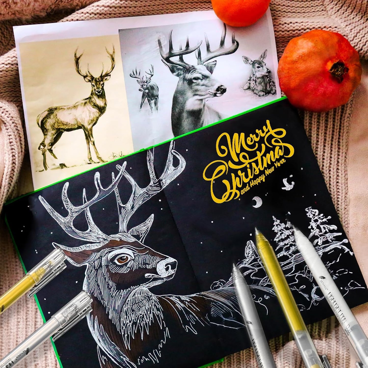 3 Colors 0.8mm Extra Fine Point 6-Pack Gel Pen Set – White, Gold & Silver Gel Ink Pens for Artists Drawing on Black Paper, Sketching, Bullet Journaling & Crafting