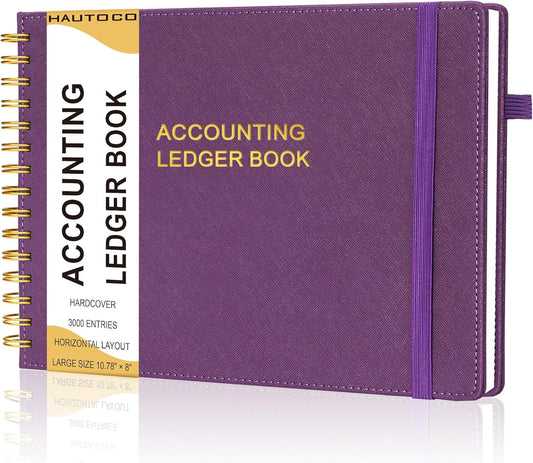 HAUTOCO Hardcover Accounting Ledger Book for Small Business Bookkeeping Horizontal Money Expense Tracker Notebook with 2 Storage Pouch, Personal Columnar Log Journal 10.78 x 8'', Deep Purple