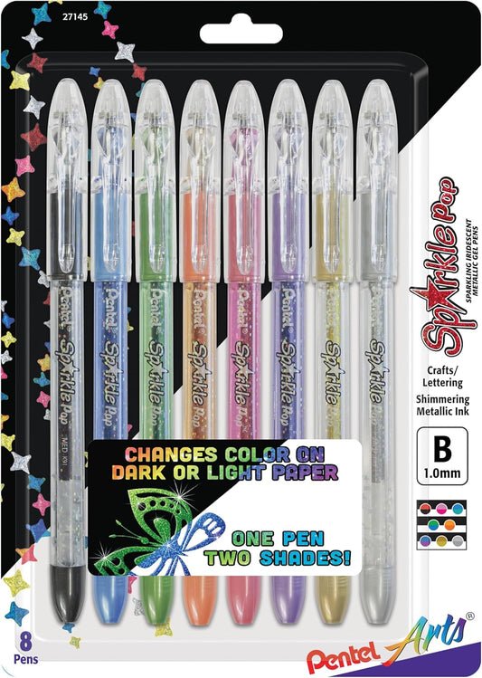 Pentel Arts Sparkle Pop Metallic Gel Ink Pen, 1.0mm Bold Line, Assorted Colors, Pack of 8 (K91PABP8M)