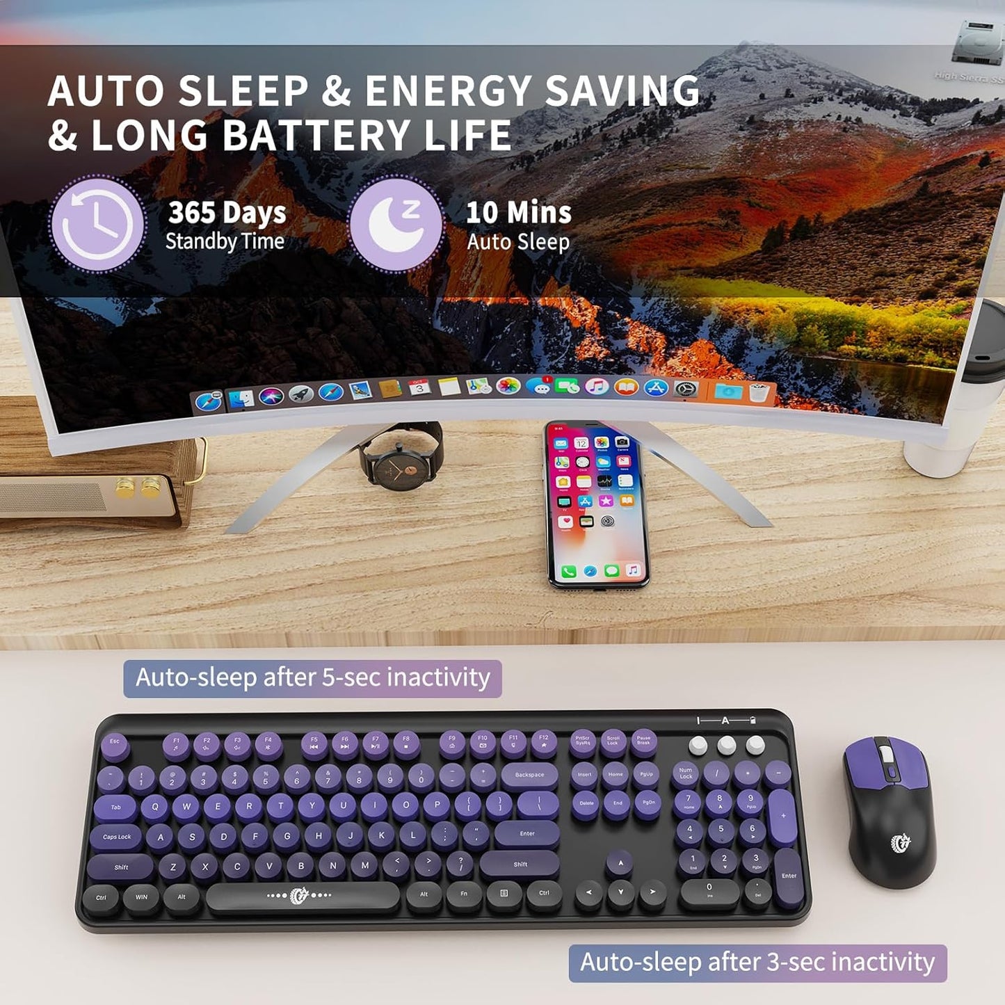 FOPETT Wireless Keyboard and Mouse Combo - 2.4G Full-Sized Cute Colorful Mouse and Keyboard with 104 Round Keys Retro Typewriter Keyboard for Laptop/Windows/PC - Purple Gradient