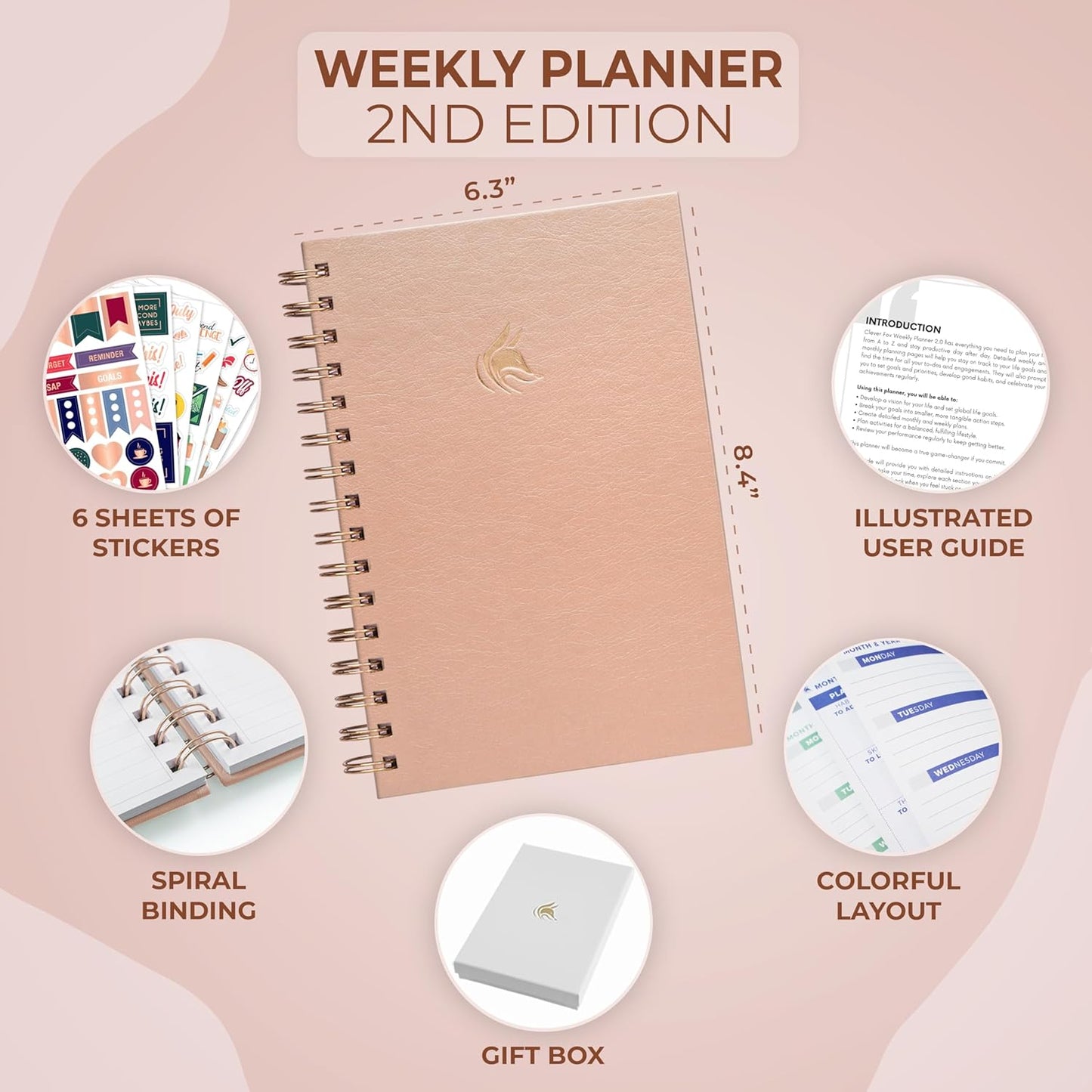 Clever Fox Planner 2nd Edition Spiral – Colorful Weekly & Monthly Goal Planner, Time Management & Productivity Organizer, Undated (Rose Gold)