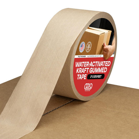 IDL Packaging 3" x 375 feet Reinforced Water-Activated Kraft Gummed Tape 70lb Thickness - Secure Paper Packing Tape for Secure Carton Sealing - Heavy-Duty for All Conditions, Brown