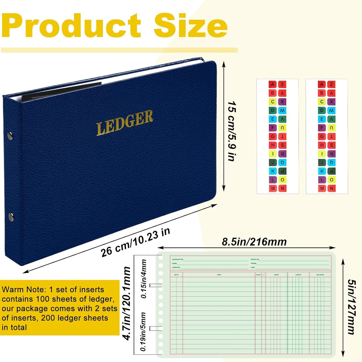 Ring Ledger Binder with 200 Pcs 5"x8.5" Ledger Sheets Small Index Tabs for Bookkeeping Accounting Business with Debit Credit Balance Columns(Blue Cover, Yellow Sheets)