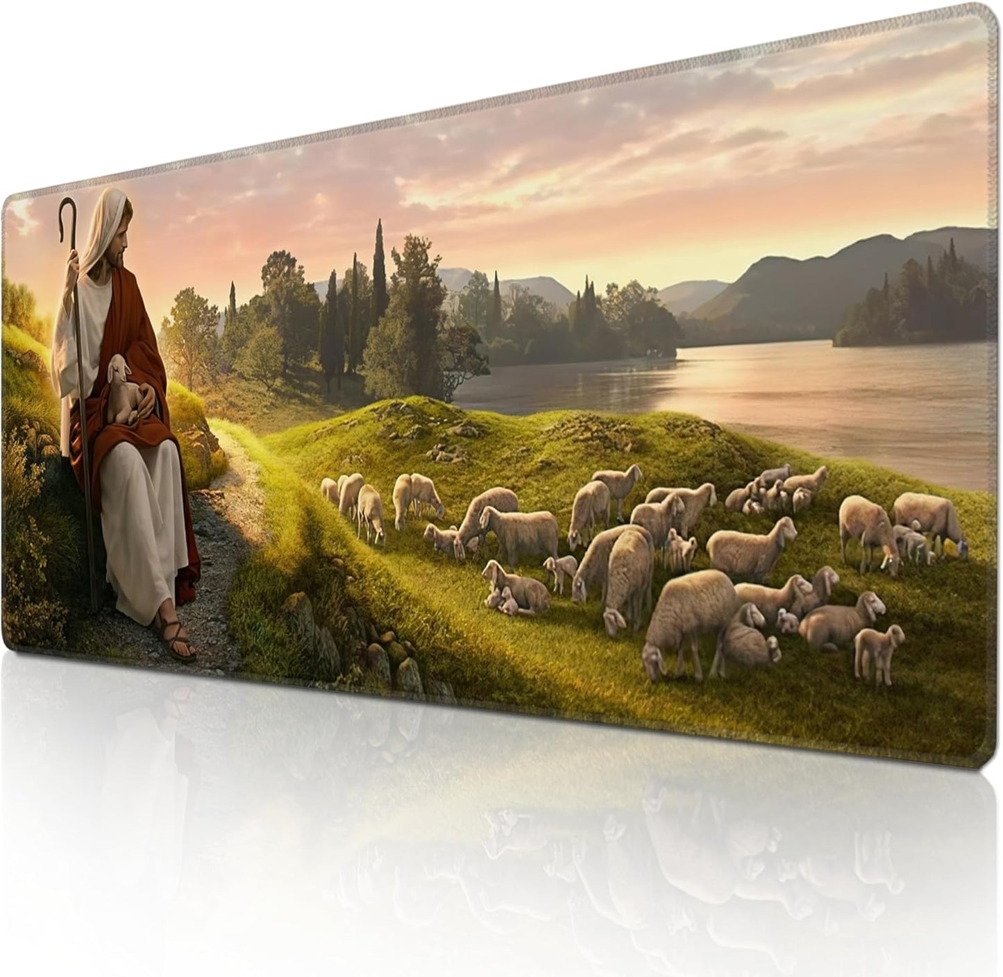 Mouse Pad with Jesus Christ Shepherd – Religious God Desk Pad – Portable Computer Mousepad – Gaming, Office, Waterproof, Non-Slip, Stitched Edges 35.5 x 15.7inches x 3mm