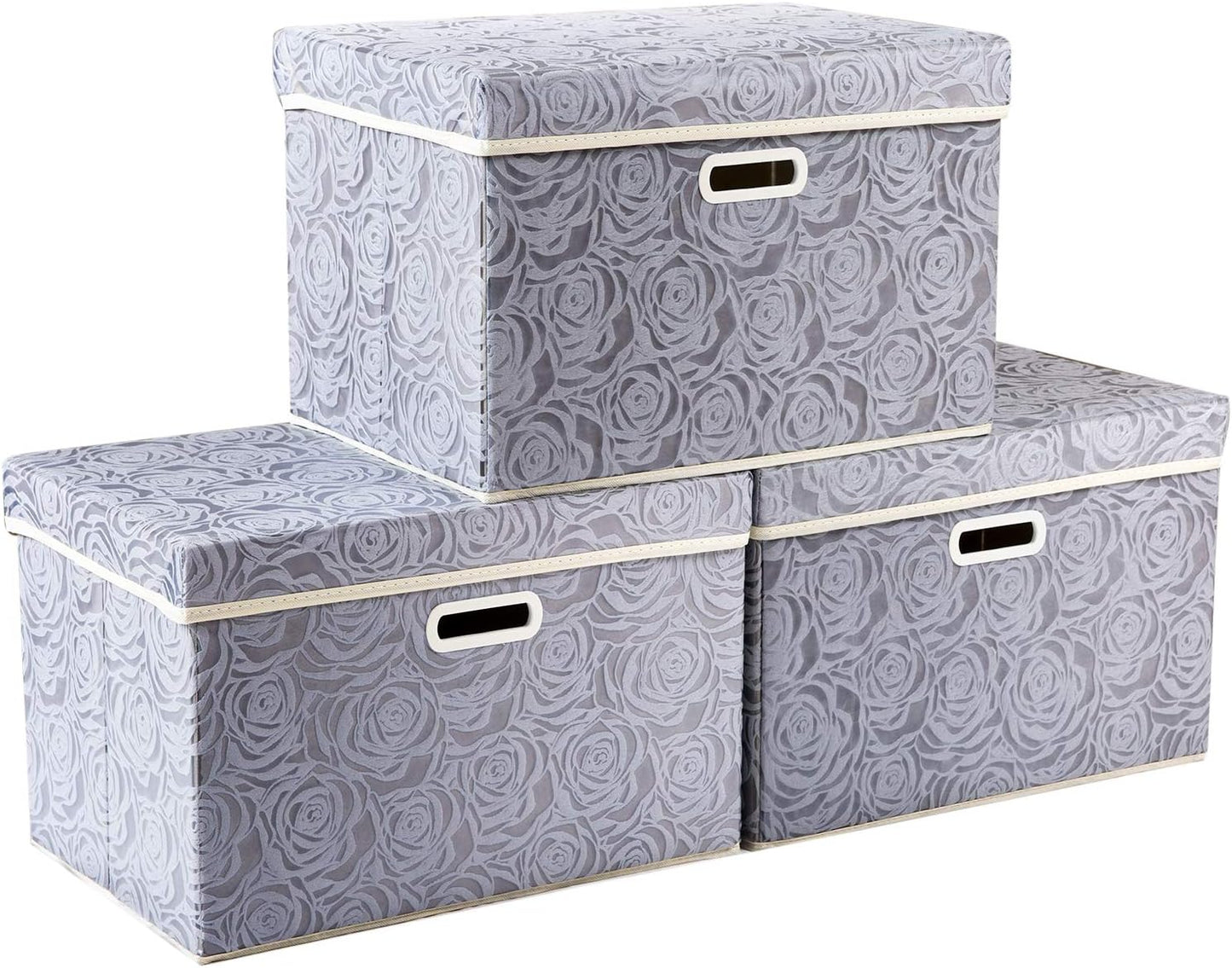 PRANDOM Large Storage Boxes with Lids [3-Pack] Fabric Decorative Storage Bins Cubes Organizer Containers Baskets with Handles for Closet Grey 17.7x11.8x11.8 In For 6+ Year Old Boys and Girls