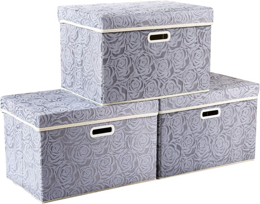 PRANDOM Large Storage Boxes with Lids [3-Pack] Fabric Decorative Storage Bins Cubes Organizer Containers Baskets with Handles for Closet Grey 17.7x11.8x11.8 In For 6+ Year Old Boys and Girls