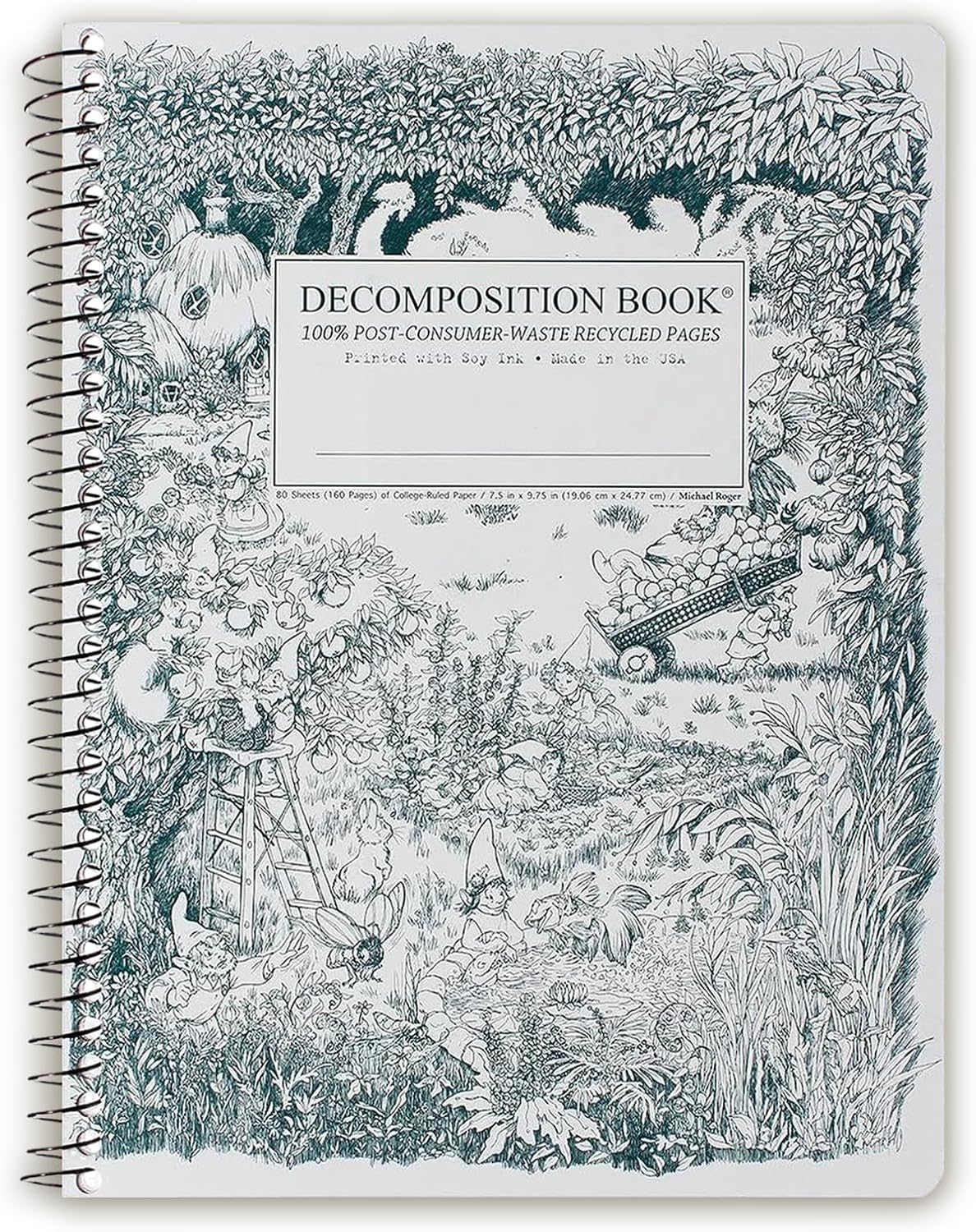Decomposition Gardening Gnomes College Ruled Spiral Notebook - 9.75 x 7.5 Journal with 160 Lined Pages - 100% Recycled Paper - Cute Notebooks for School Supplies, Home & Office - Made in USA