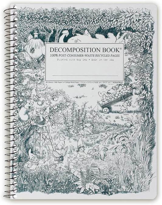 Decomposition Gardening Gnomes College Ruled Spiral Notebook - 9.75 x 7.5 Journal with 160 Lined Pages - 100% Recycled Paper - Cute Notebooks for School Supplies, Home & Office - Made in USA