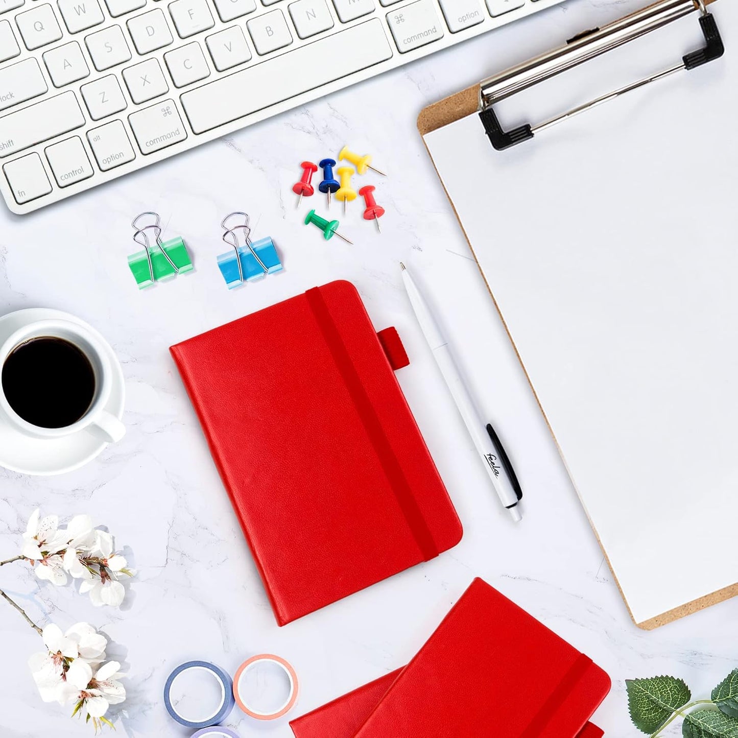 feela 3 Pack Pocket Notebook Journals with 3 Black Pens, A6 Mini Cute Small Journal Notebook Bulk Hardcover College Ruled Notepad with Pen Holder for Office School Supplies, 3.5”x 5.5”, Red