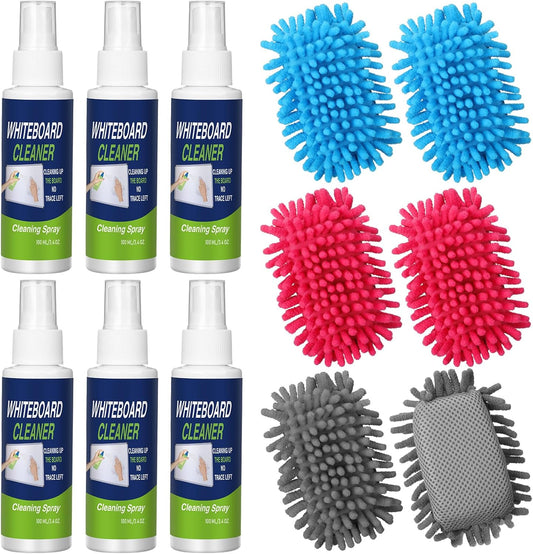 6 Pack Whiteboard Cleaner 3.4 Fl oz White Board Cleaning Spray Dry Erase Board Cleaner with Microfiber Shag Whiteboard Eraser Removes Stubborn Marks from Chalkboard(Colorful)