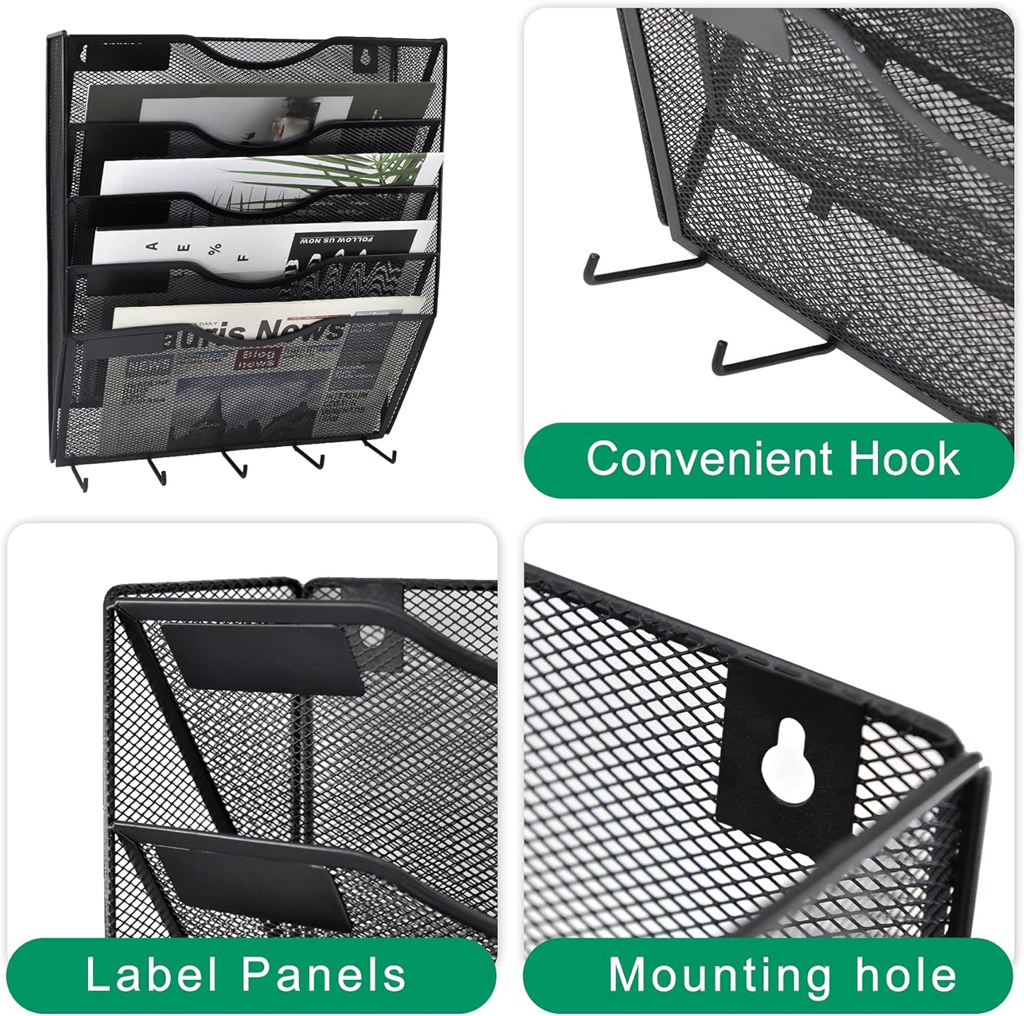 EASEPRES 5 Pocket Mesh Hanging File Organizer with Key Holder Hooks & Nametag Label, Wall Mounted Mail Paper Document Folder Storage Organization Magazine Rack for Office Cubicle, 5 Tier Black