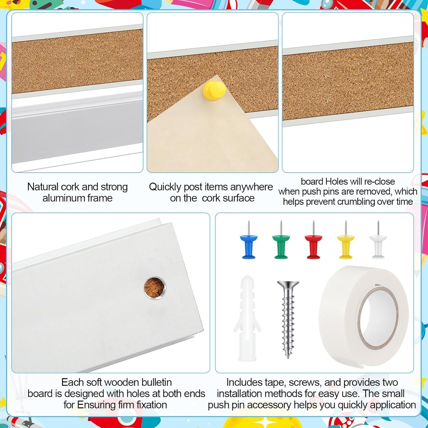 5 Pcs 72'' x 2" Cork Board Strip for Wall - Bulletin Bar Tack Board With Aluminum Trim - Brown Cork Strips for Classroom Office Walls Cubicle