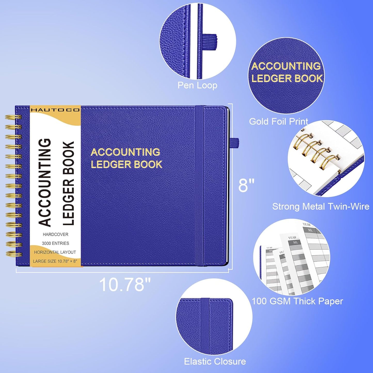 HAUTOCO Hardcover Accounting Ledger Book for Small Business Bookkeeping Horizontal Money Expense Tracker Notebook with 2 Storage Pouch, Personal Columnar Log Journal 10.78 x 8'', Navy Blue