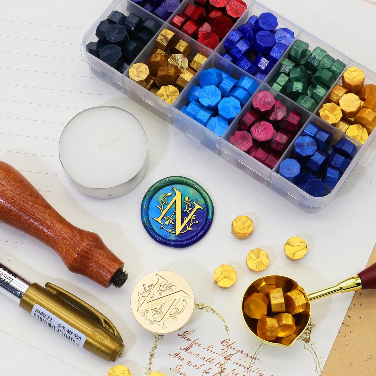 SWANGSA Initial Alphabet N Wax Seal Stamp Kit, Classic Retro Letter Sealing Stamp with 200pcs Sealing Wax Beads Kit for Wedding Invitations Cards Envelopes (N)