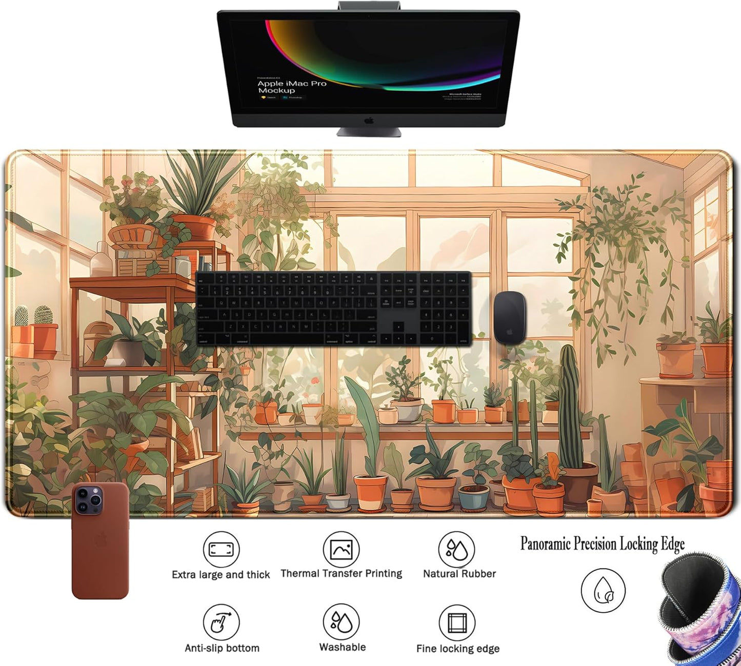 Cute Plant Lover Desk Mat Cozy Mouse pad Beige, XXL Large Extended Earthy Brown Green Aesthetic Floral Mousepad Gaming Desk Pad, Big Laptop Keyboard and Mouse Mat with Stitched Edges 31.5x15.7 in