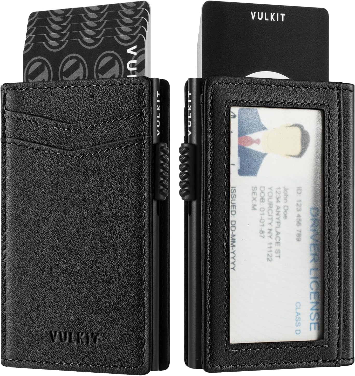 VULKIT Men's Wallet with ID Window Top Grain Leather RFID Blocking Minimalist Wallet Pop Up Card Holder Magnetic Closure