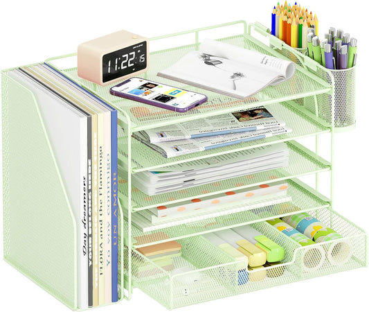 Desk Organizers and Accessories, 5-Tier Paper File Organizer with Drawer & Pen Holder, Office Desk Accessories Workspace Desktop Organizer for Office Supplies((Green)